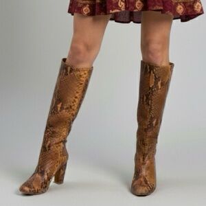 🛑 Zara Brown Snakeskin Leather Heeled Knee Boots - 39 / 8, made in Spain 🇪🇸